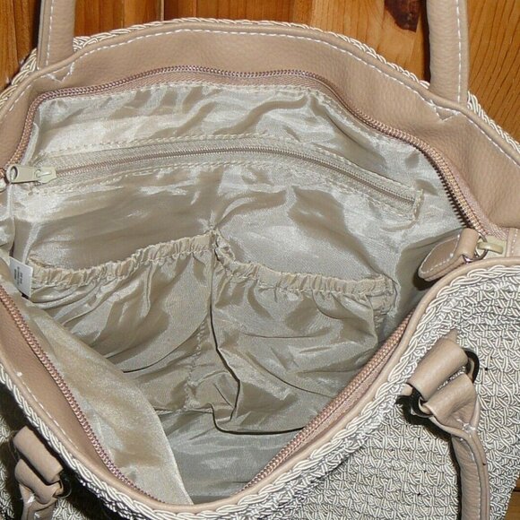 Large Woven Cream Purse Slouch Tote Bag with Matching Wristlet Faux Leather Trim - Picture 5 of 6